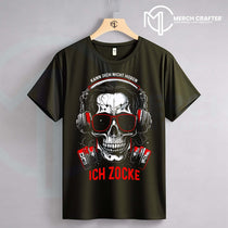 T-Shirt Designs für Deutsch merch by amazon featuring a skull with headphones and the text 'Ich zocke'.