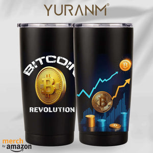 "Bitcoin-themed tumbler designs by Merch by Amazon, featuring cryptocurrency graphics and text for enthusiasts."