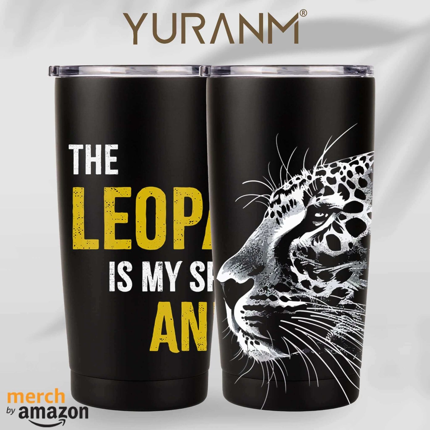 Custom black tumbler with leopard design and text "The Leopard is My Spirit Animal," available on Merch by Amazon.