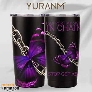 Black tumbler with purple butterfly and chain design, featuring "I support my sis" text.