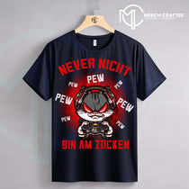 T-Shirt Designs für Deutsch merch by amazon featuring a cartoon character with gaming themes and text 'NEVER NICHT BIN AM ZOCKEN'.