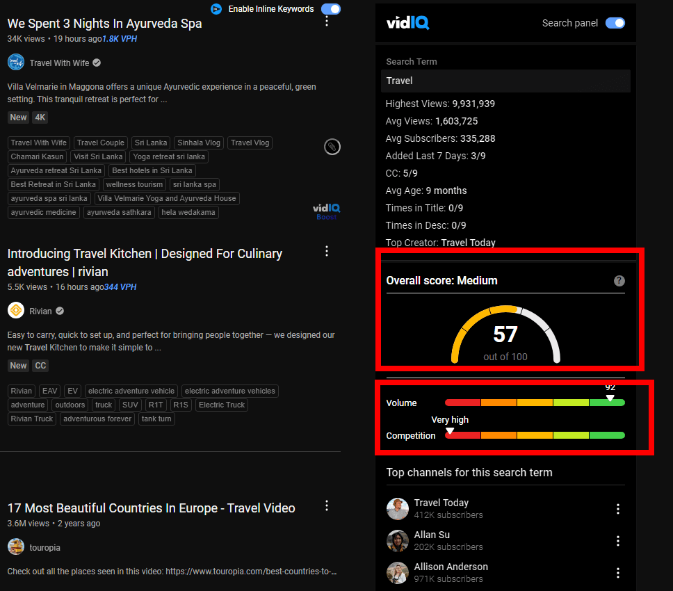 vidIQ SEO score dashboard for a YouTube travel video search analysis showing keyword rankings and competition levels.