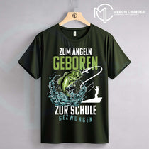 T-Shirt Designs für Deutsch merch by amazon featuring a fishing theme with text 'Zum Angeln Geboren Zur Schule Gezwingen'.