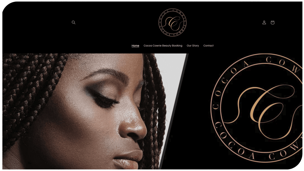 Close-up of a woman with braided hair showcasing elegant makeup against a dark background.