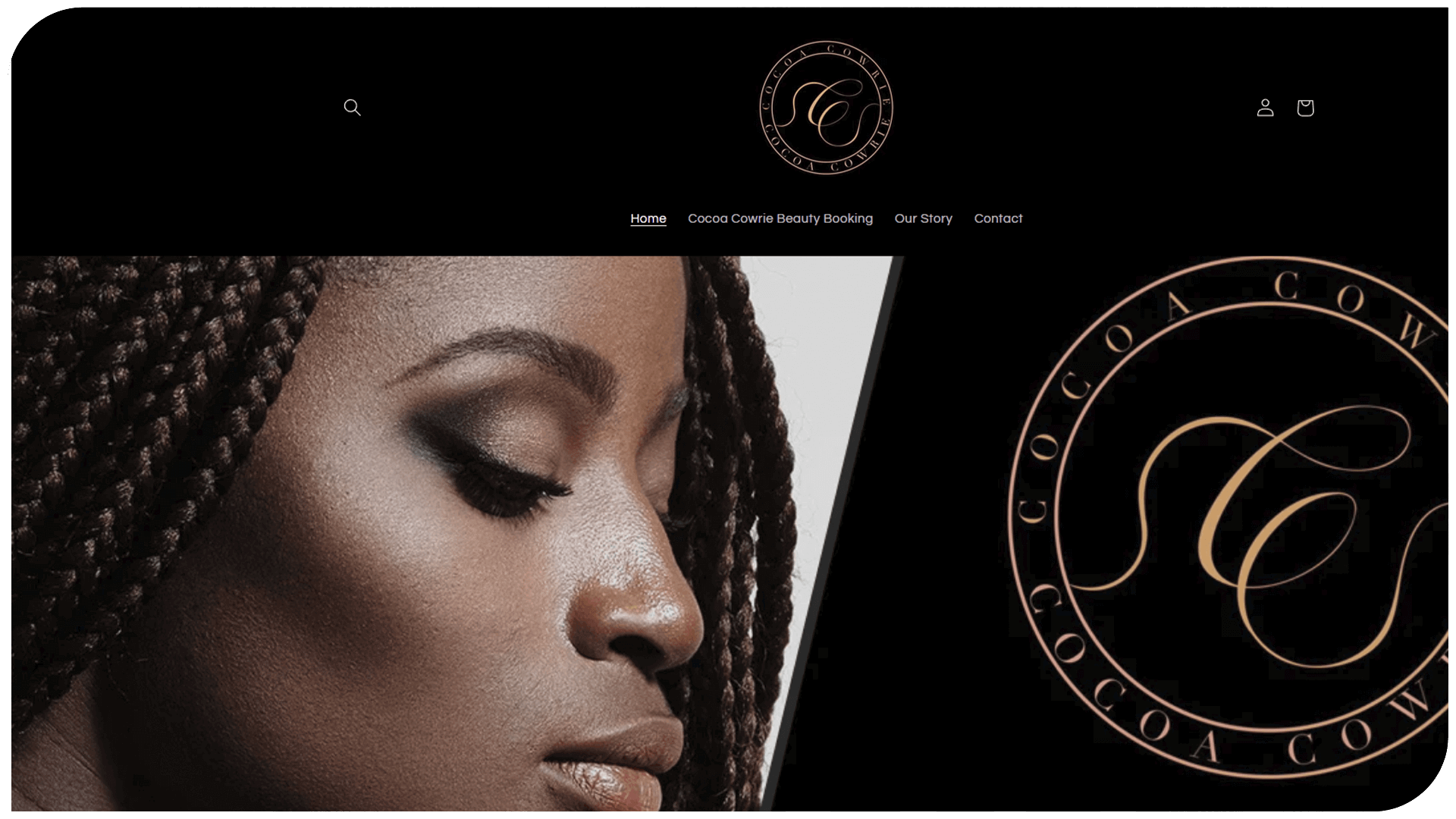 Close-up of a woman with braided hair showcasing elegant makeup against a dark background.