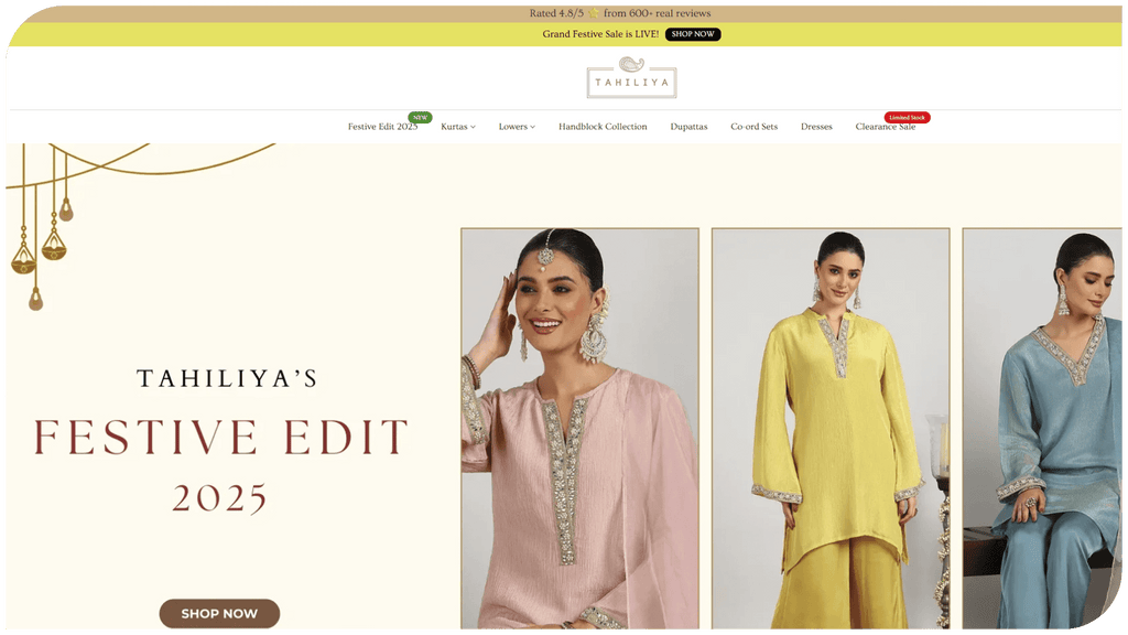 Tahiliziya's 2025 Festive Edit showcasing vibrant ethnic outfits for celebrations, featuring elegant designs and colors.