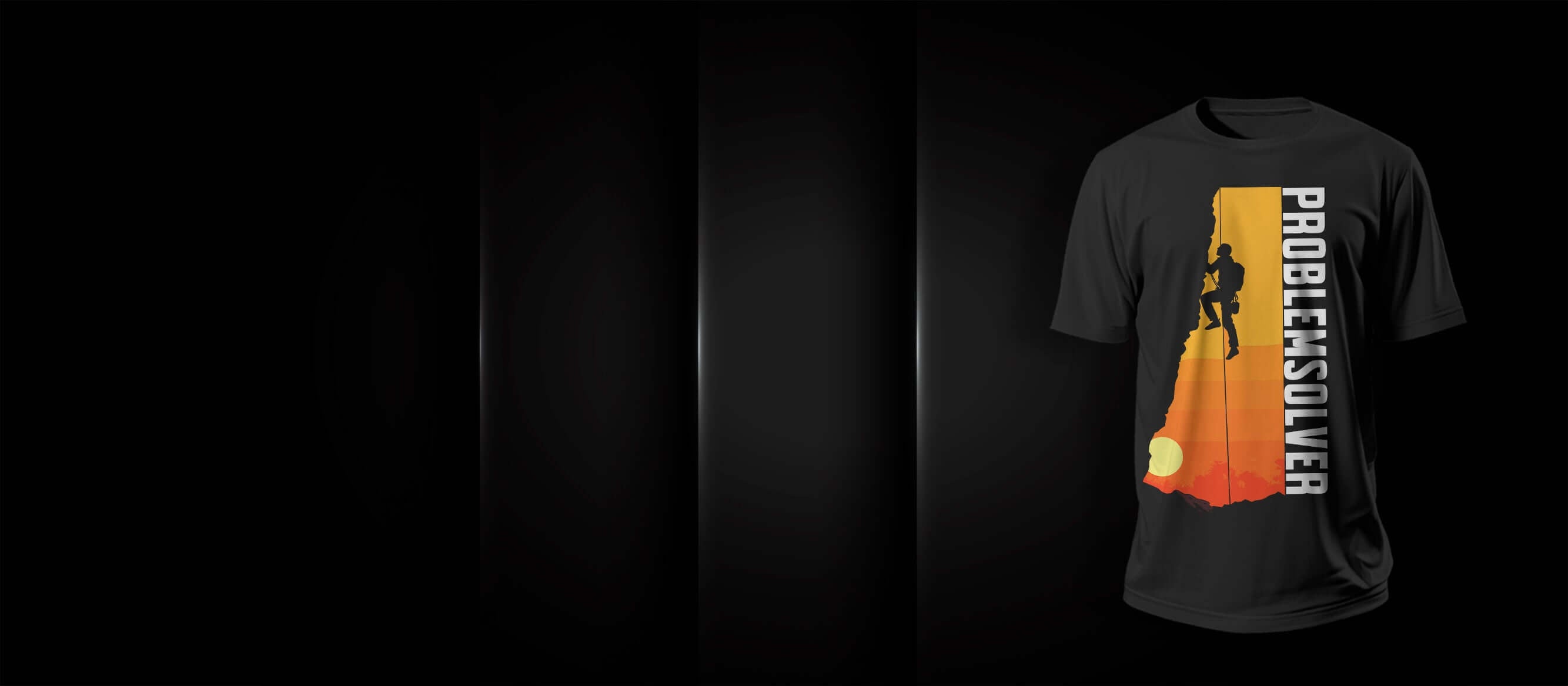 Black t-shirt featuring 'PROBLEM SOLVER' text with a climbing graphic and sunset design.