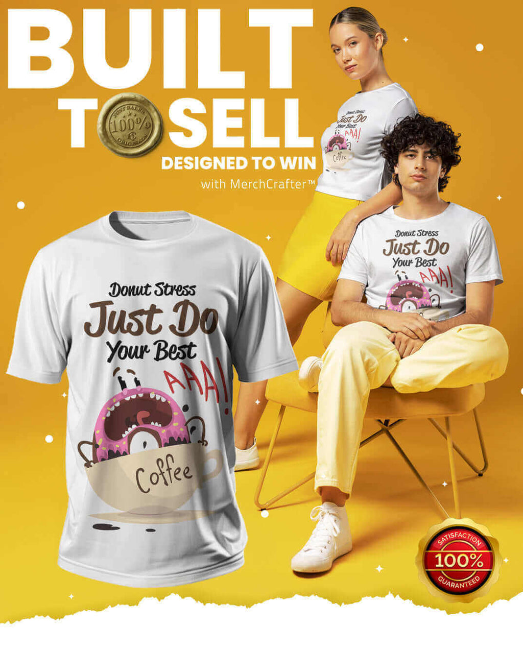 Man and woman wearing stylish t-shirts with fun designs, promoting a positive message, on a vibrant yellow background.