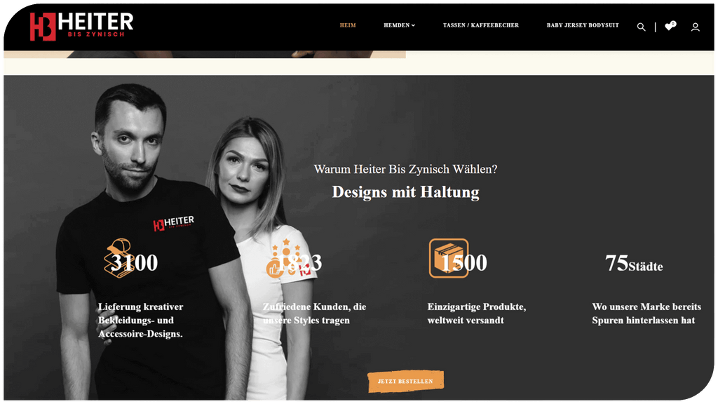 Heiter brand website showcasing men and women in stylish tees, promoting unique designs and accessories.