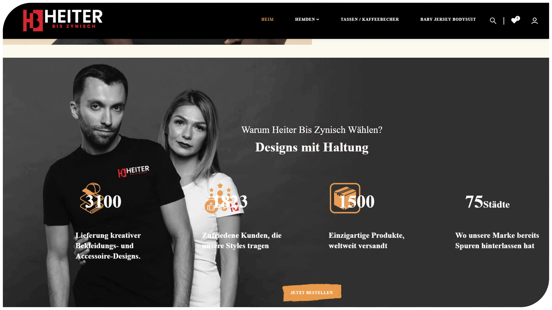 Heiter brand website showcasing men and women in stylish tees, promoting unique designs and accessories.
