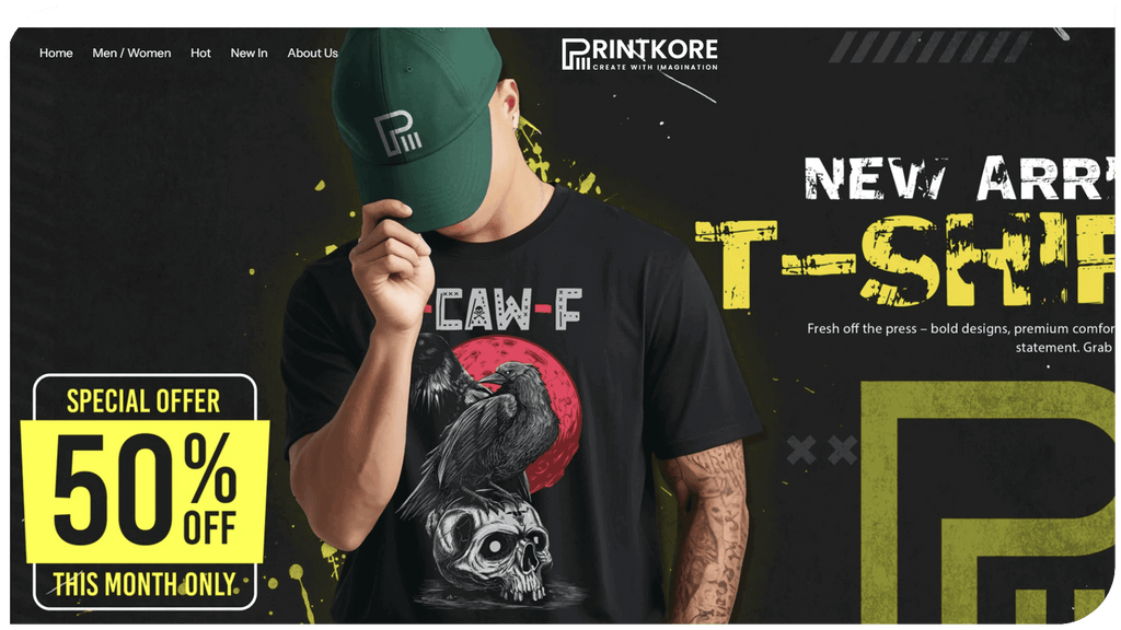 New arrival t-shirt by PrintKore featuring bold design, man wearing cap, special offer 50% off this month.
