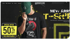 New arrival t-shirt by PrintKore featuring bold design, man wearing cap, special offer 50% off this month.