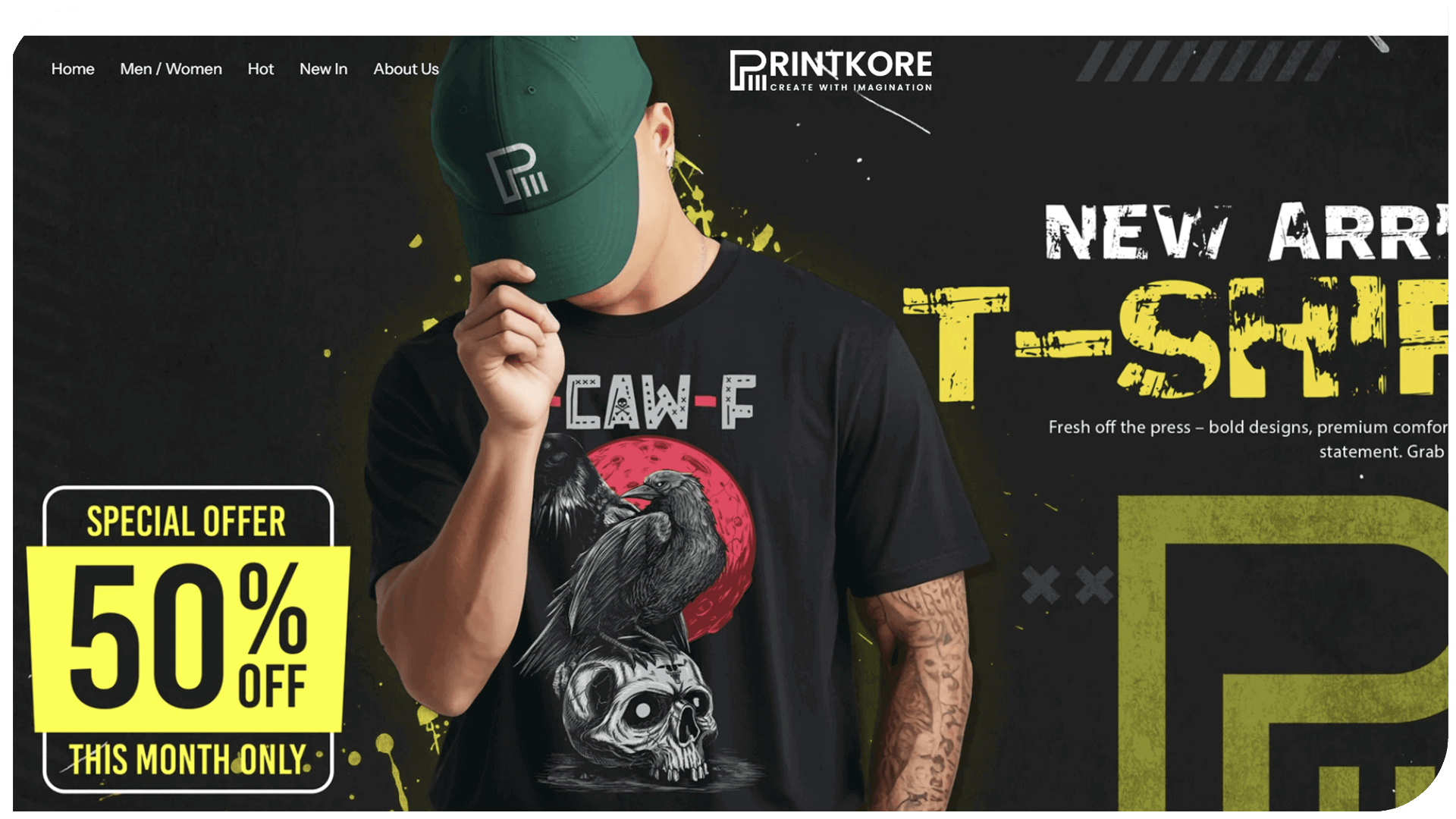 New arrival t-shirt by PrintKore featuring bold design, man wearing cap, special offer 50% off this month.