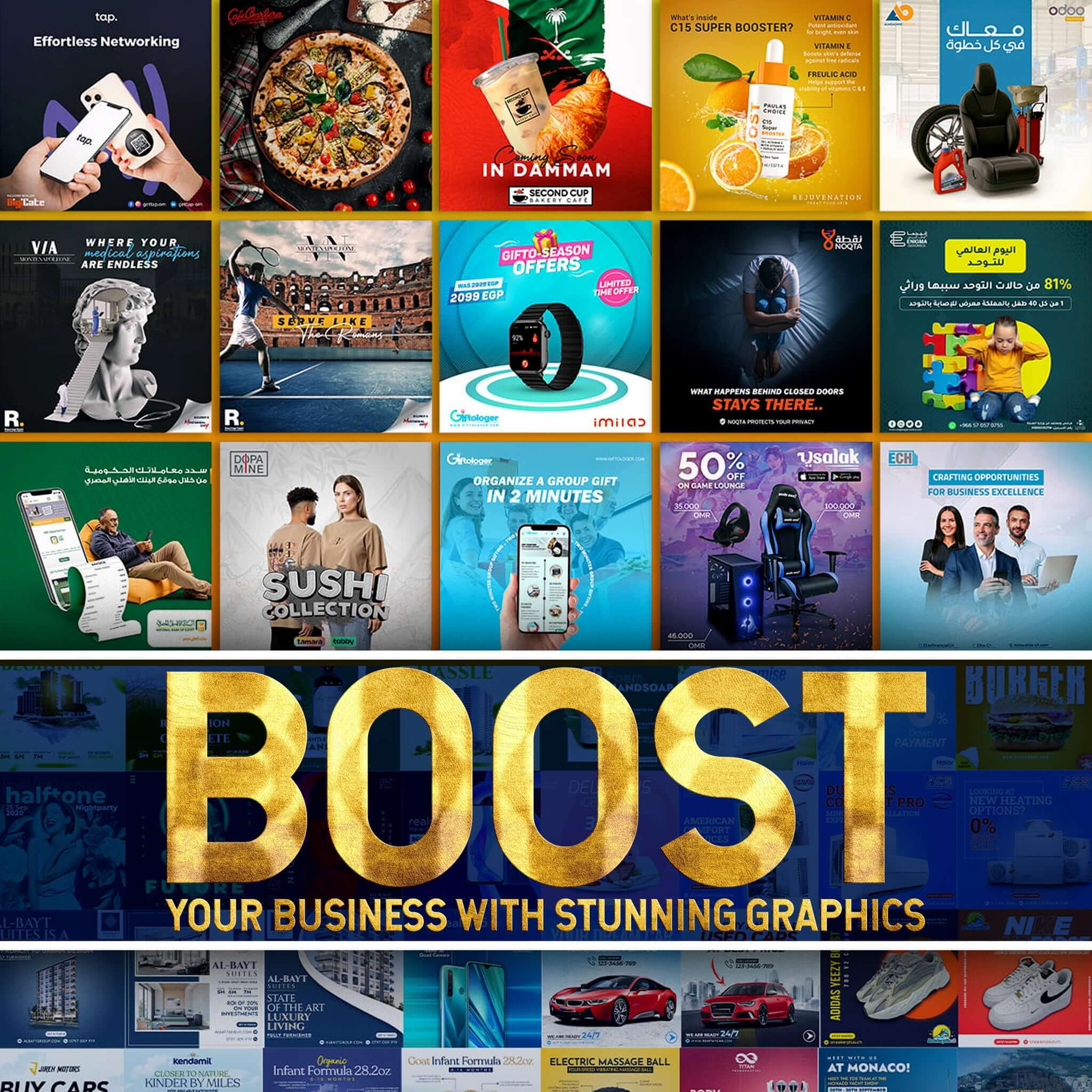 Collage of vibrant social media ad designs promoting various products and services to boost business engagement.