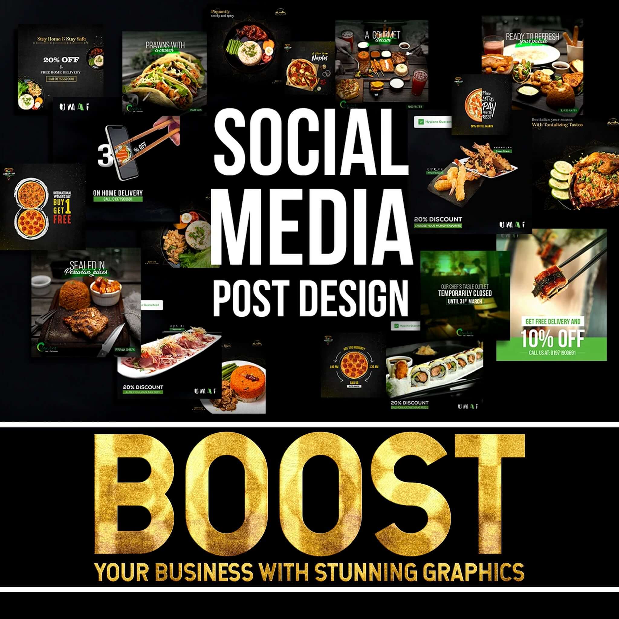 Collage of social media post designs showcasing food promotions and discounts to boost business engagement.