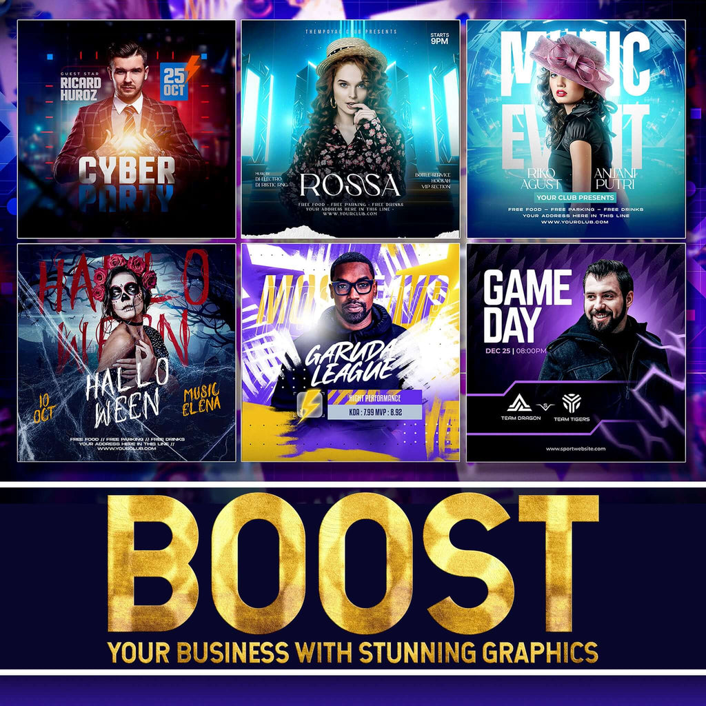 Collection of vibrant event posters showcasing social media ad designs to boost business engagement.