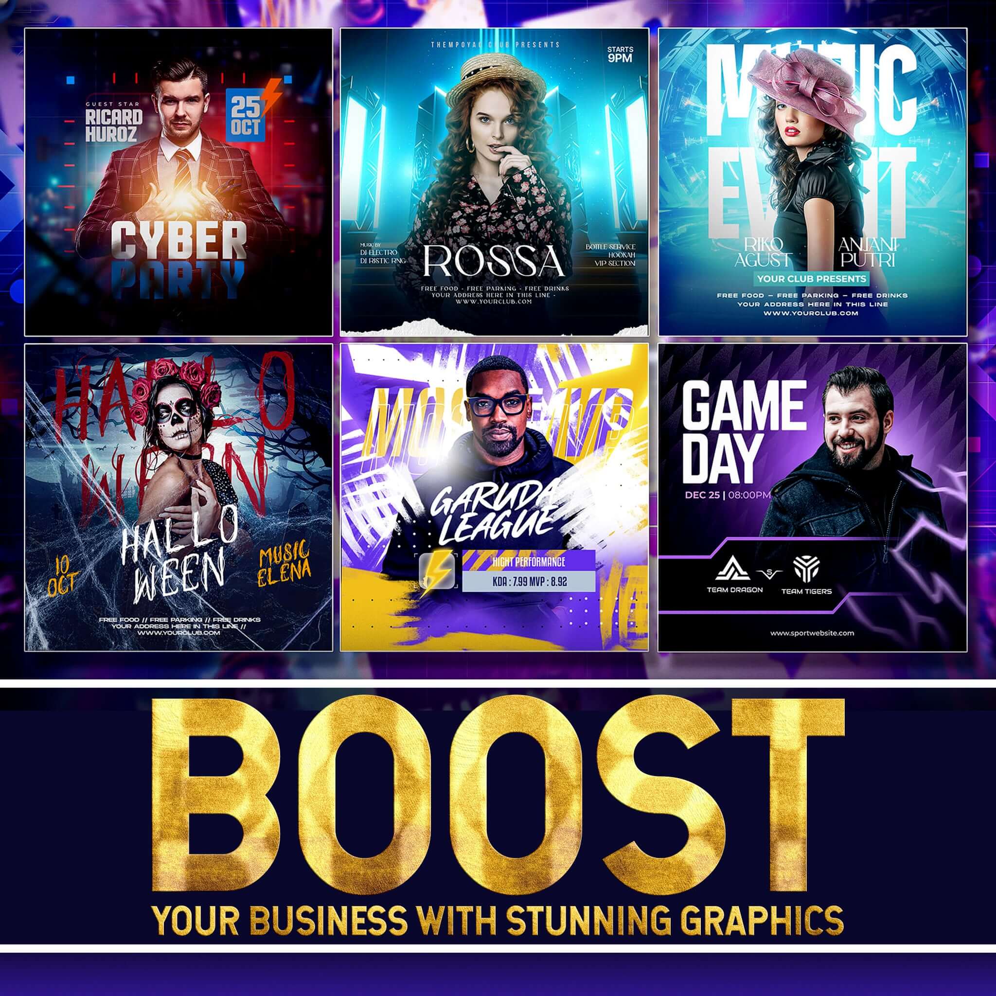 Collection of vibrant event posters showcasing social media ad designs to boost business engagement.