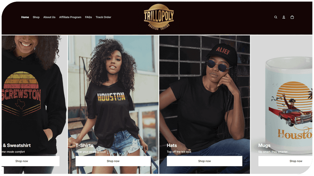 Trillopoly's trendy apparel and mugs showcasing Houston-inspired designs in a stylish online shop.
