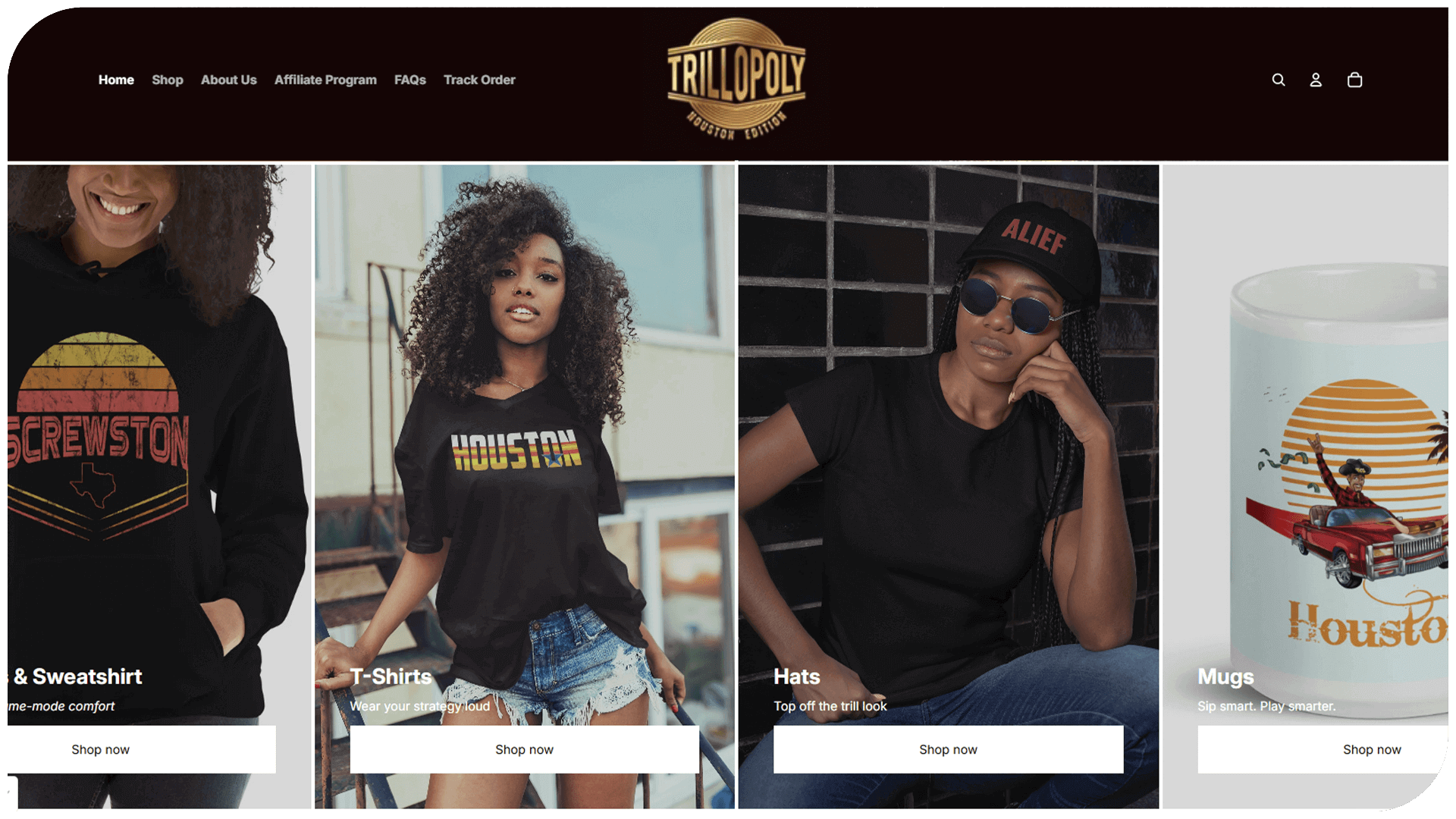 Trillopoly's trendy apparel and mugs showcasing Houston-inspired designs in a stylish online shop.