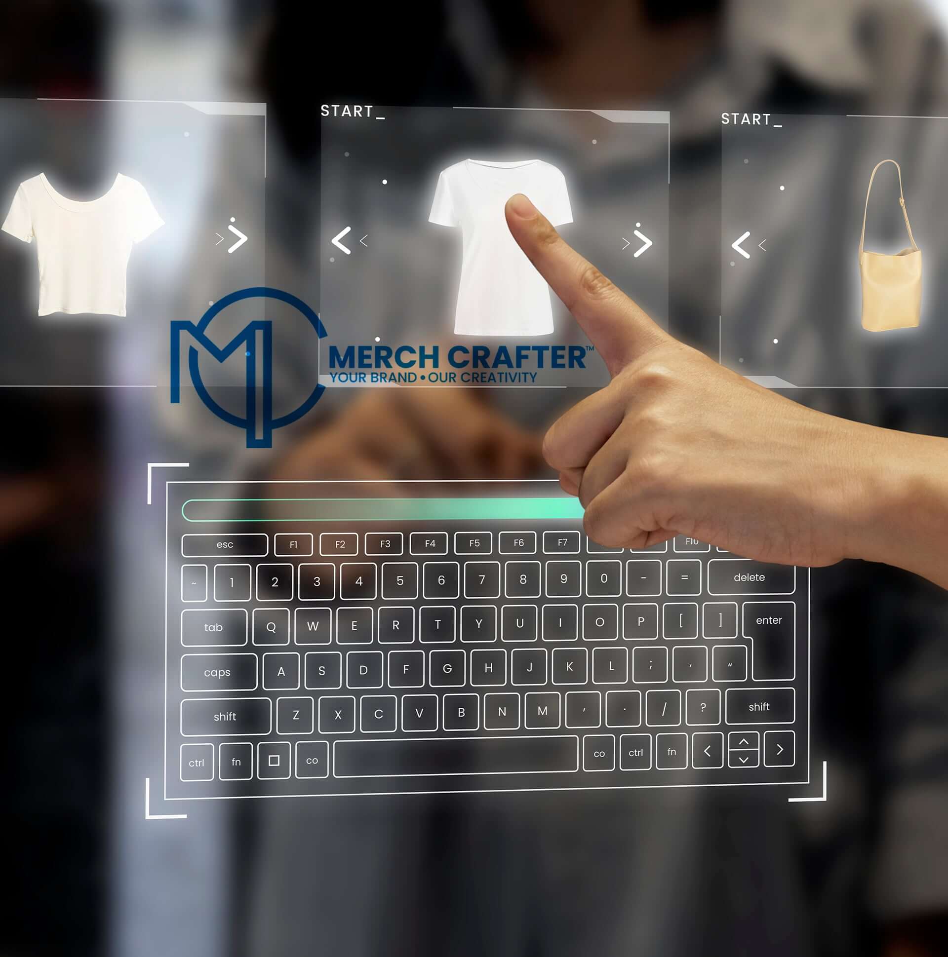 User interacting with a digital display for fashion items and a virtual keyboard by Merch Crafter.