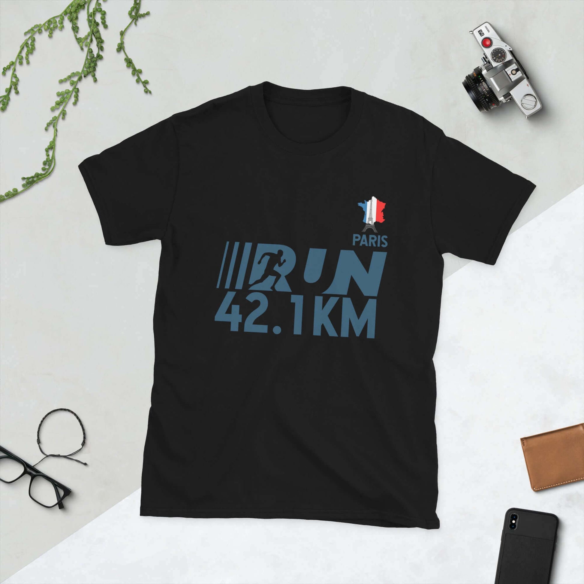 Black Olympic Games Paris 2024 short-sleeve t-shirt with "RUN 42.1KM" design.