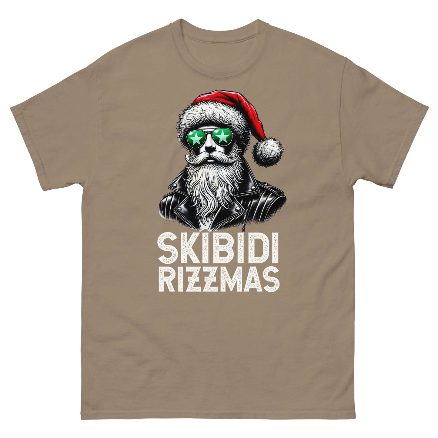 Skibidi Rizzmas Christmas Rizz Santa Claus T-Shirt featuring cool Santa in sunglasses on a beige background.