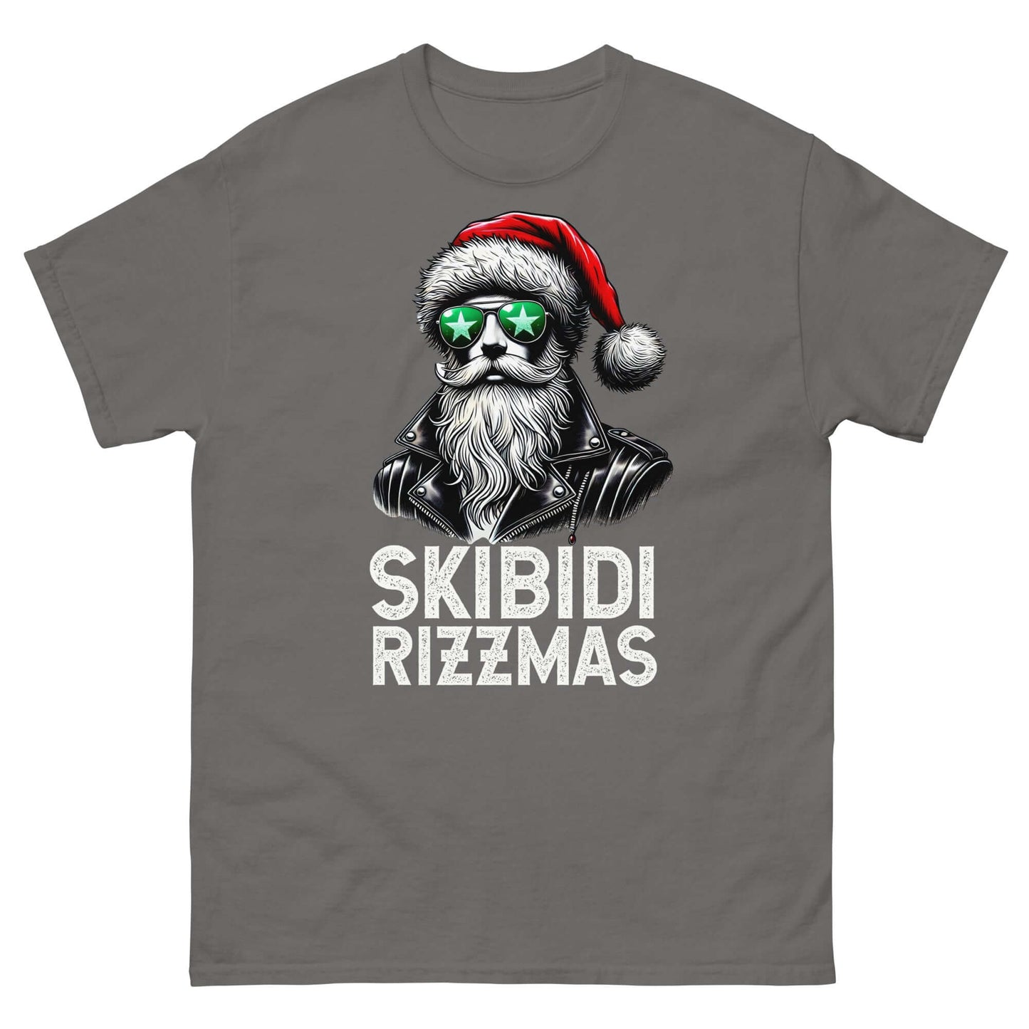 Skibidi Rizzmas Christmas Rizz Santa Claus T-Shirt featuring a cool Santa in sunglasses and festive design.