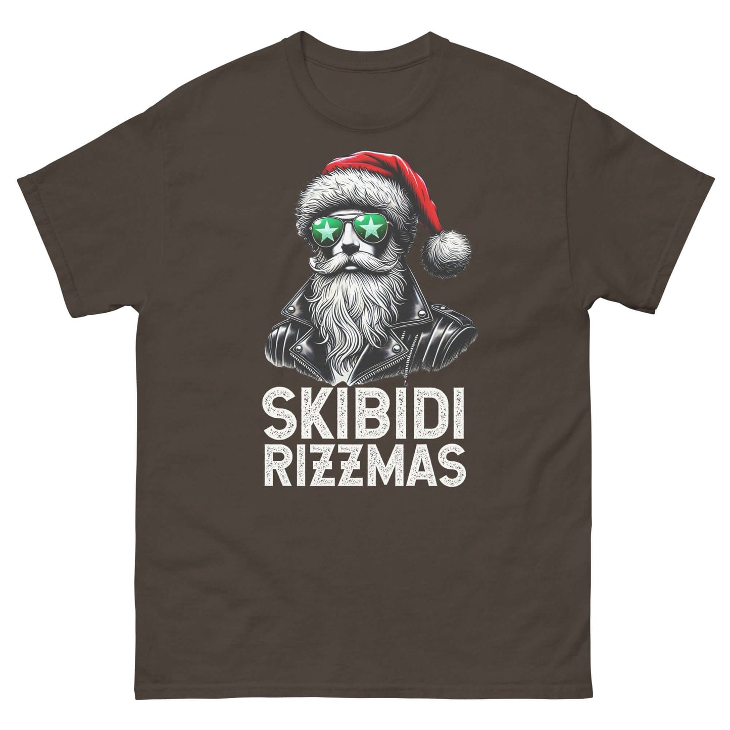 Skibidi Rizzmas Christmas T-Shirt featuring a cool Santa Claus with sunglasses and festive text design. Unisex classic style.