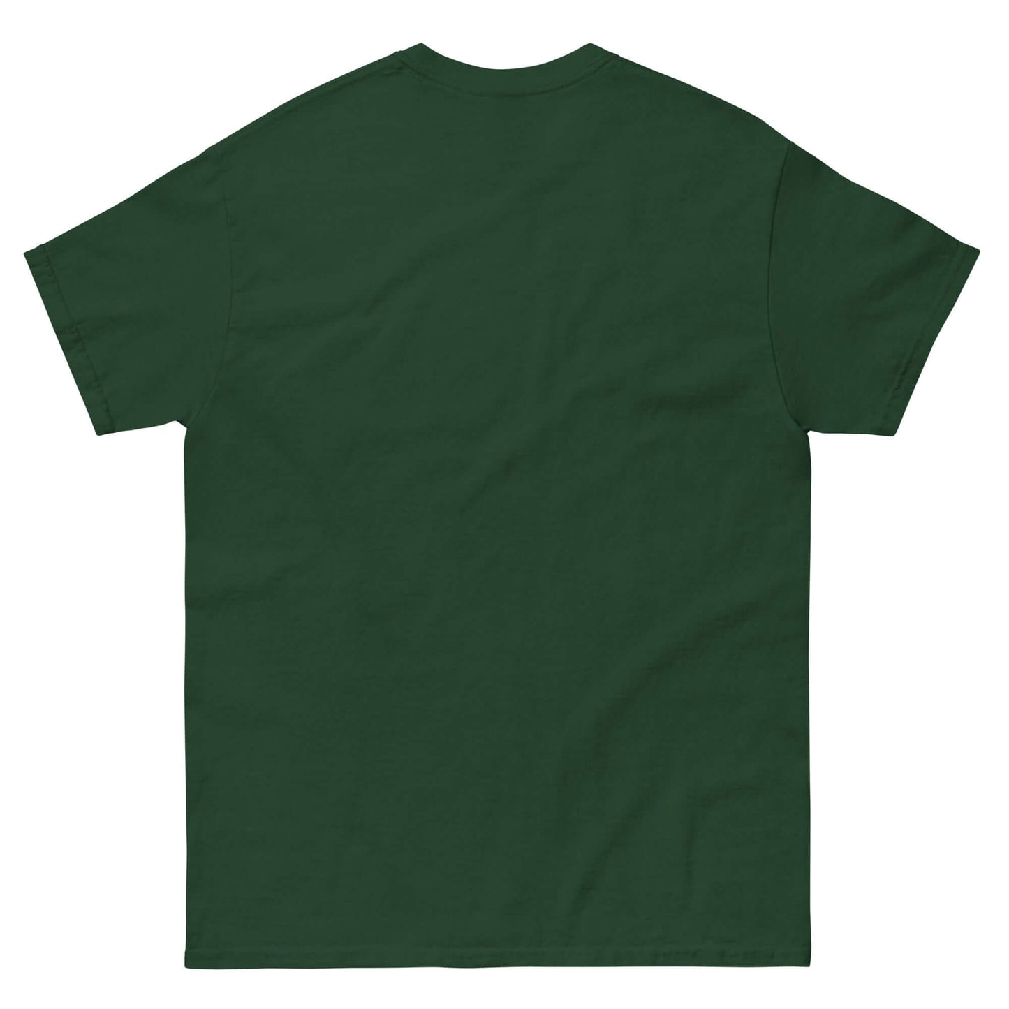 Back view of a dark green unisex classic T-shirt, perfect for Christmas attire and featuring a comfortable fit.