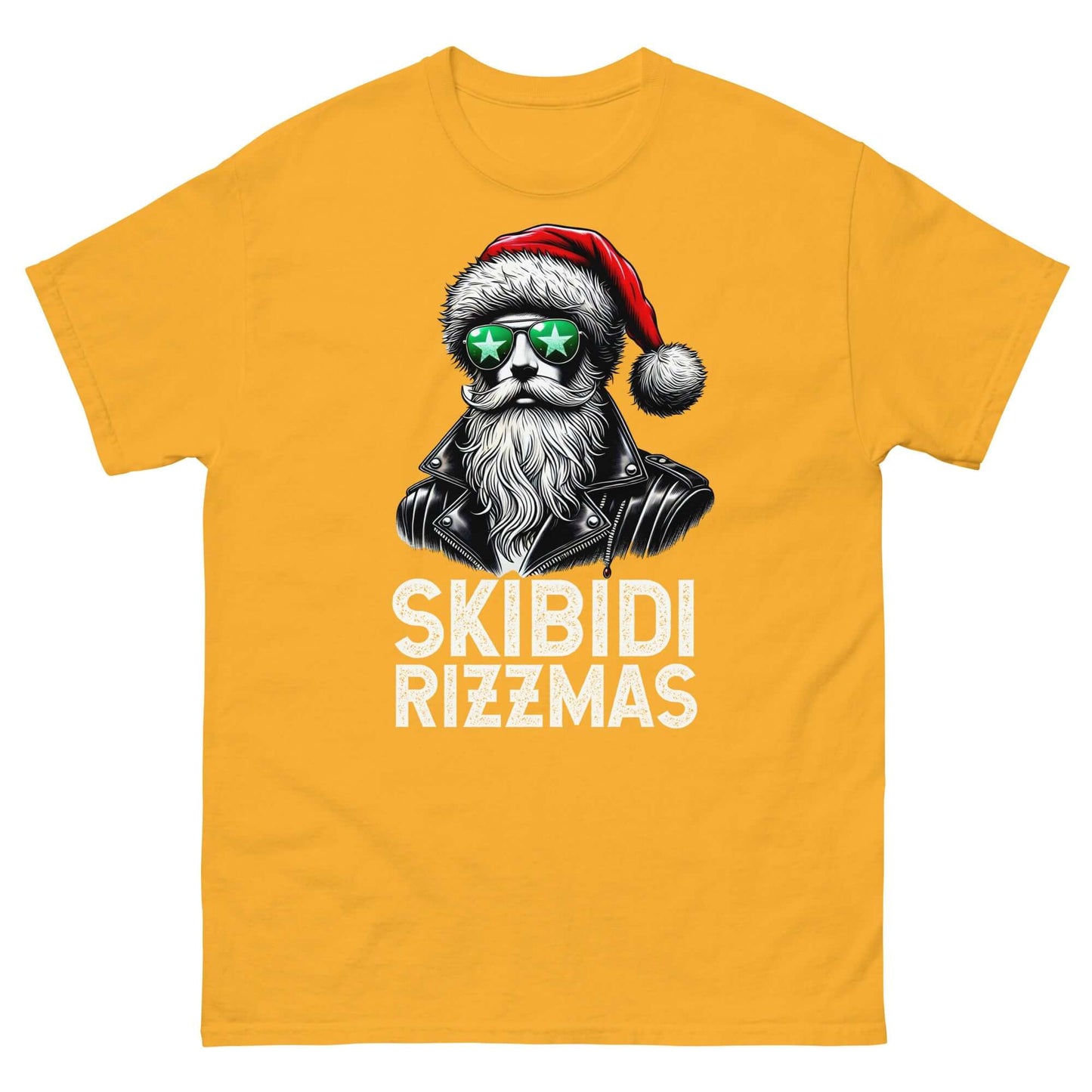 Skibidi Rizzmas Christmas Rizz Santa Claus Charisma Unisex Classic T-Shirt in yellow featuring a cool Santa with sunglasses.