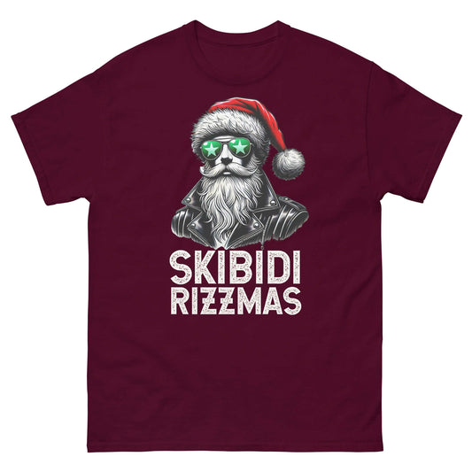 Skibidi Rizzmas Christmas T-Shirt featuring a cool Santa Claus with sunglasses on a maroon background.