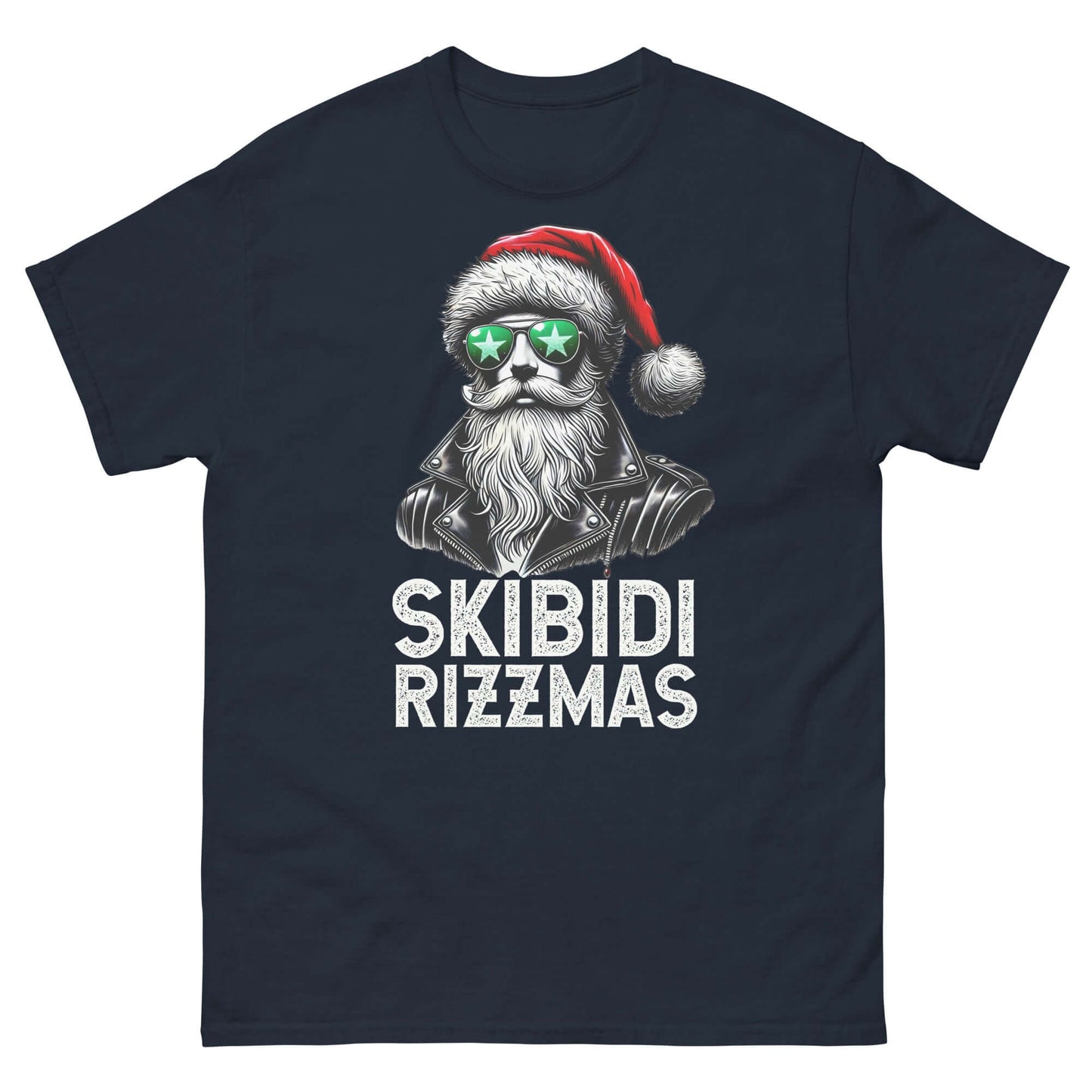 Skibidi Rizzmas Christmas Rizz Santa Claus wearing sunglasses on a classic unisex T-shirt design.