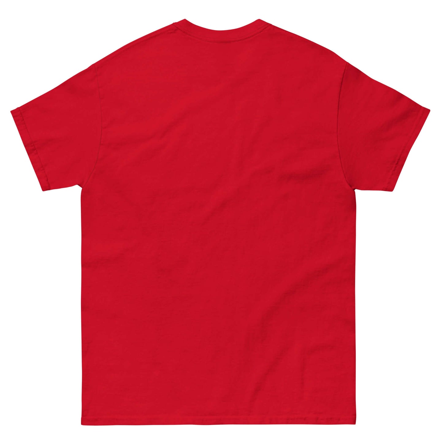 Back view of a red unisex classic t-shirt, perfect for showcasing festive holiday designs.