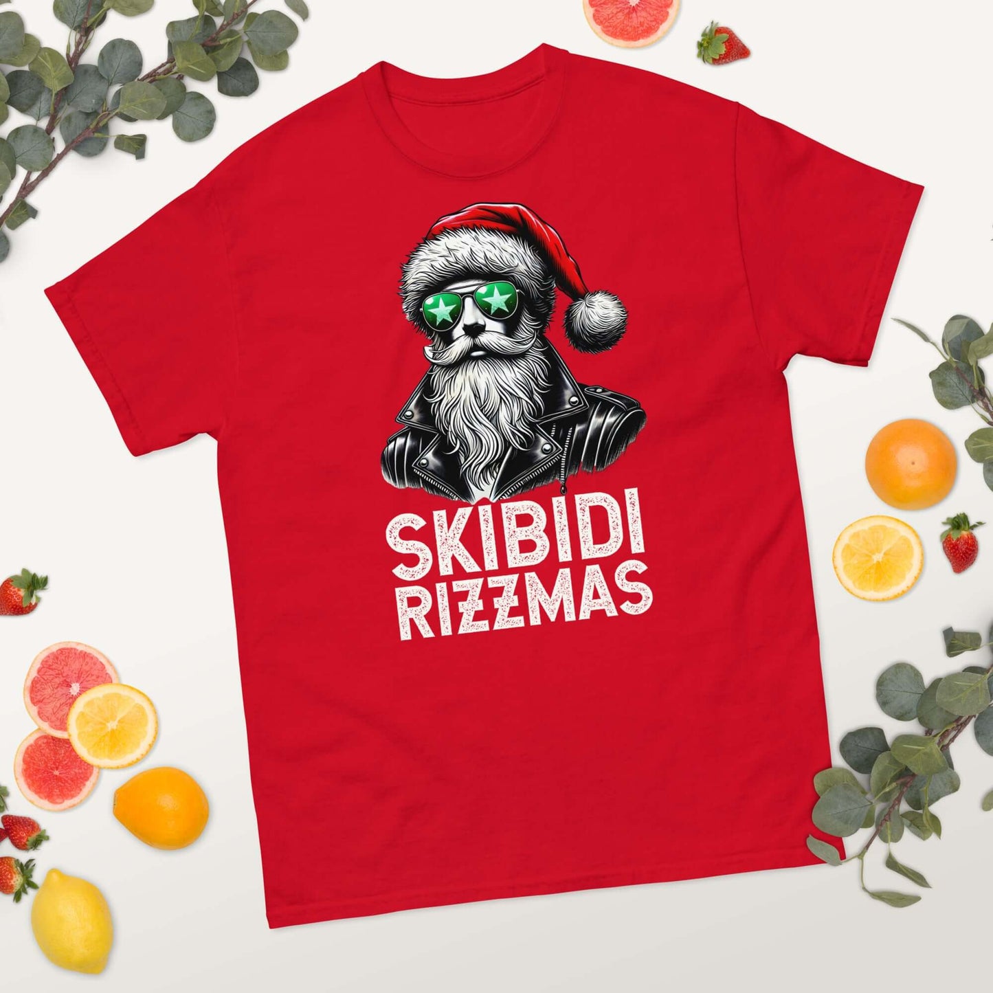 Skibidi Rizzmas Christmas Rizz Santa Claus Charisma unisex classic red T-shirt with cool Santa design and sunglasses.