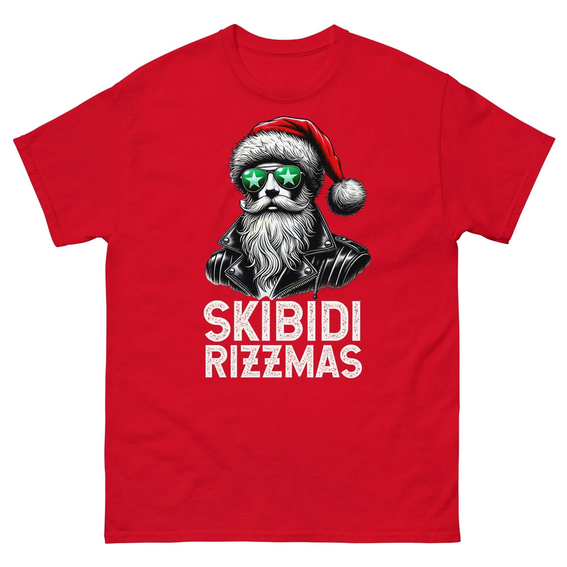 Skibidi Rizzmas Christmas Rizz Santa Claus Charisma Unisex Classic T-Shirt in red featuring a cool Santa with sunglasses.