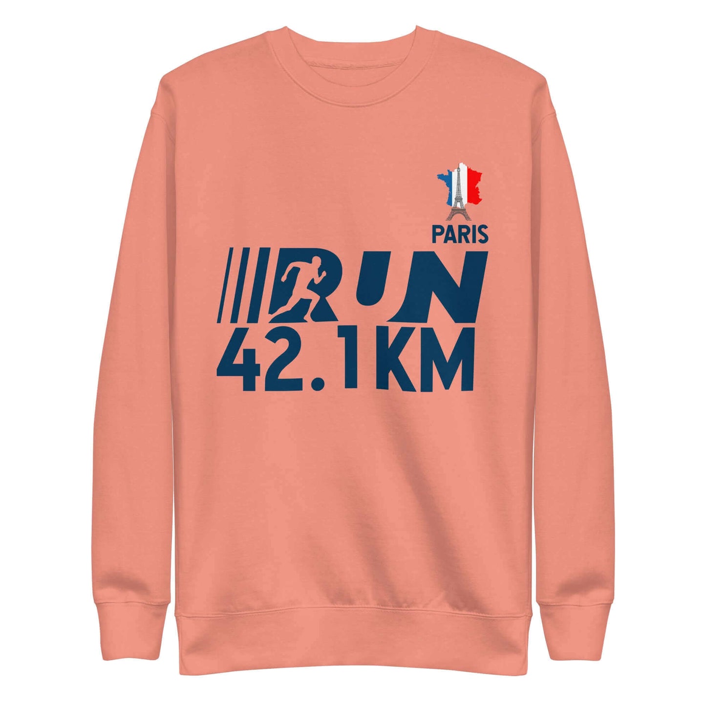 Olympic Games Paris 2024 Unisex Premium Sweatshirt with "Run 42.1 KM" design in pink.