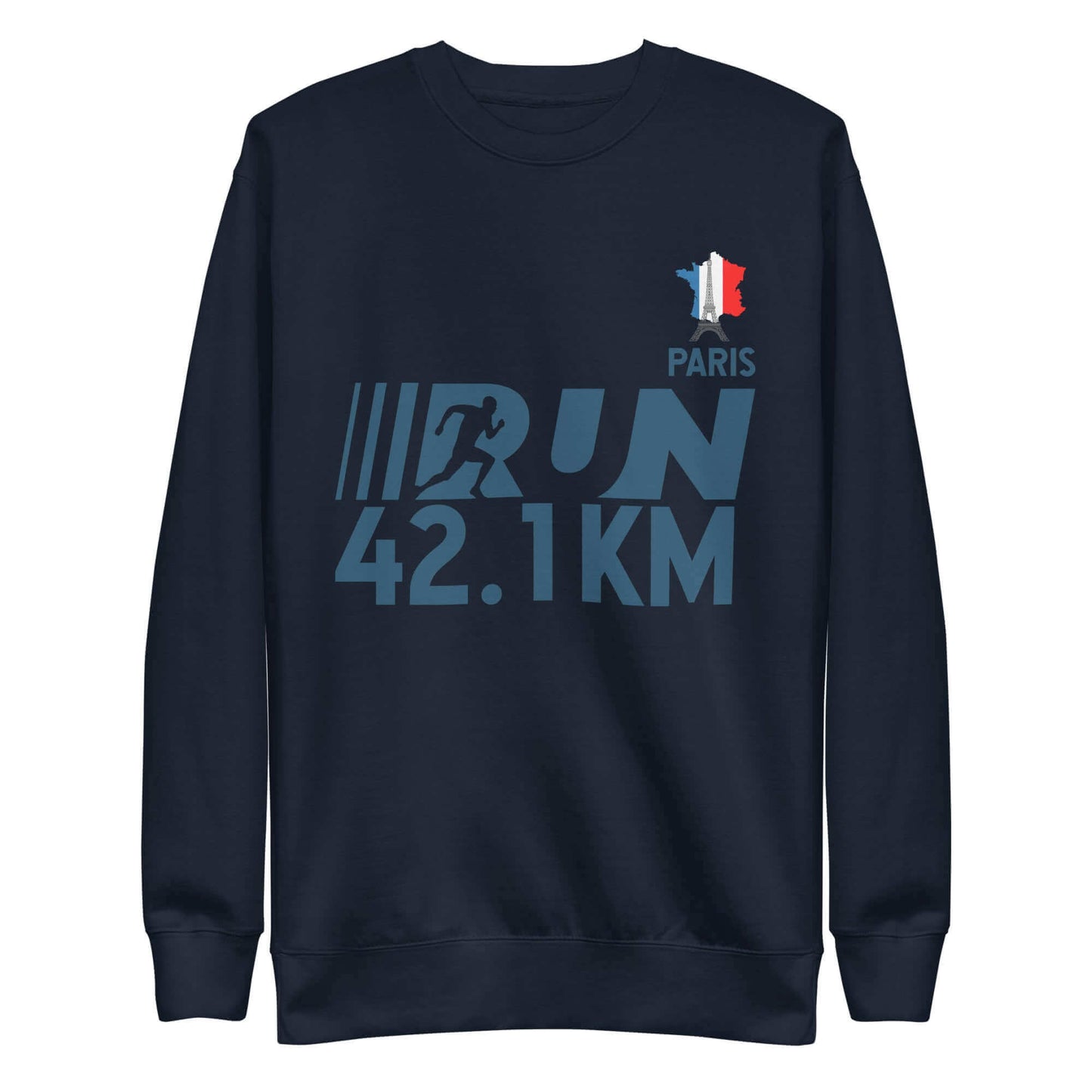 Olympic Games Paris 2024 unisex premium sweatshirt with run 42.1 km graphic and French flag logo on black fabric