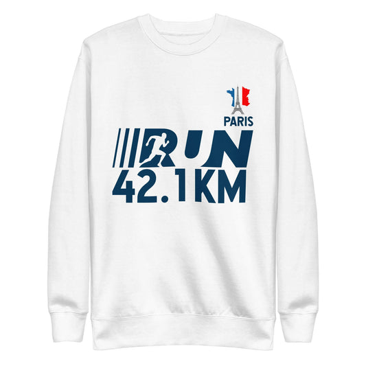 Olympic Games Paris 2024 Unisex Premium Sweatshirt with "Run 42.1 KM" design in white, featuring ribbed crew neck and long sleeves.