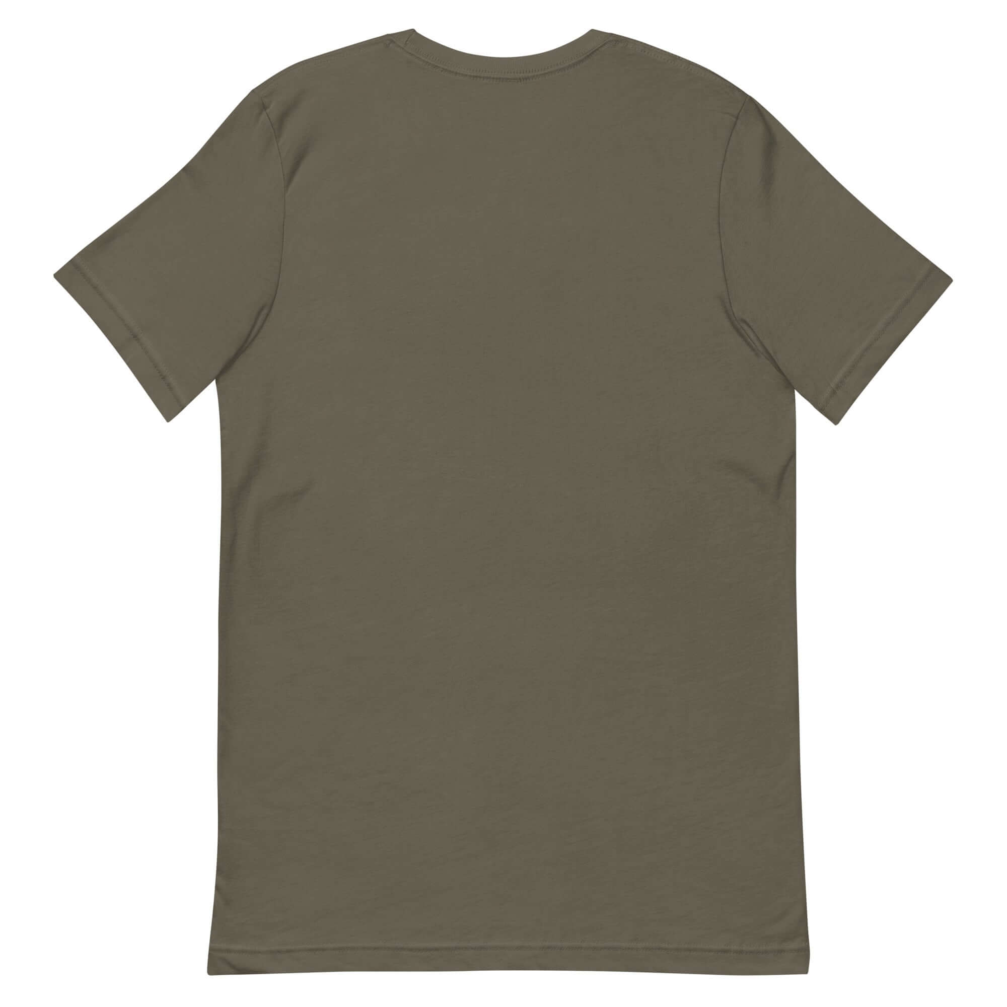 Back view of a stylish olive green t-shirt featuring a classic cut and relaxed fit.