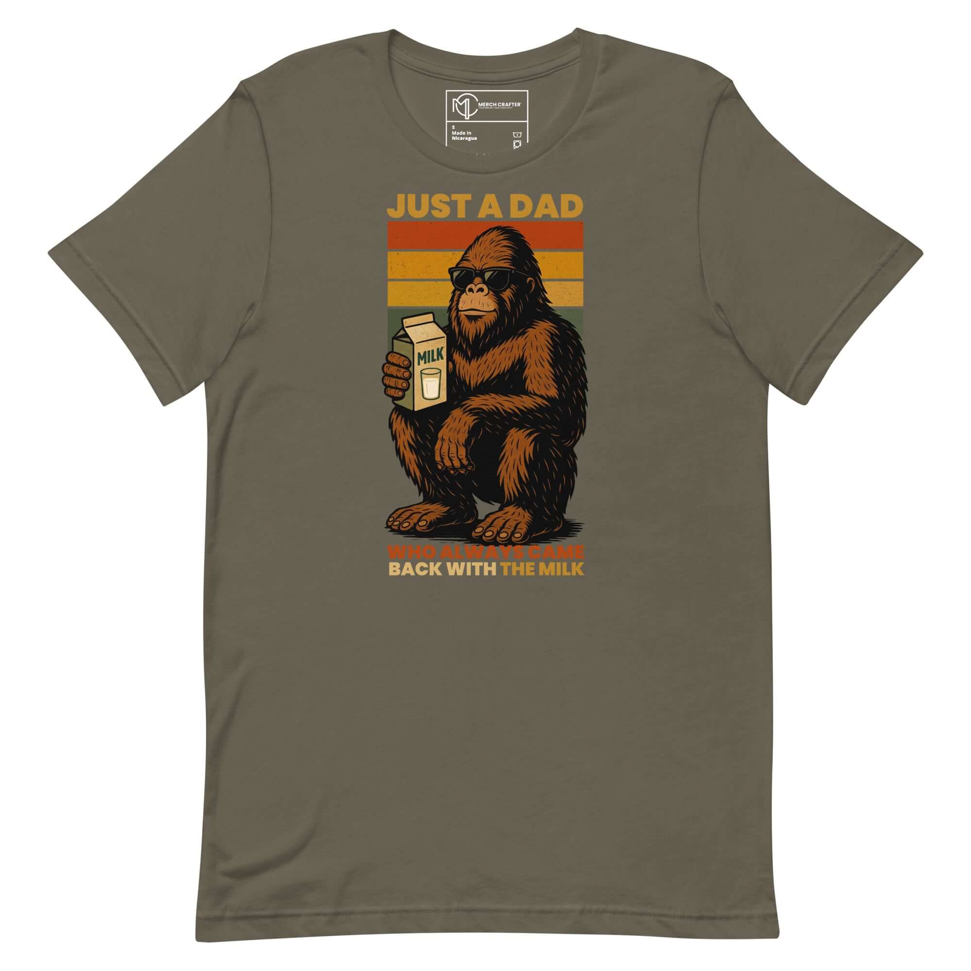 Funny Bigfoot t-shirt design with the phrase 'Just a Dad Who Always Came Back with the Milk' and vintage rainbow stripes.