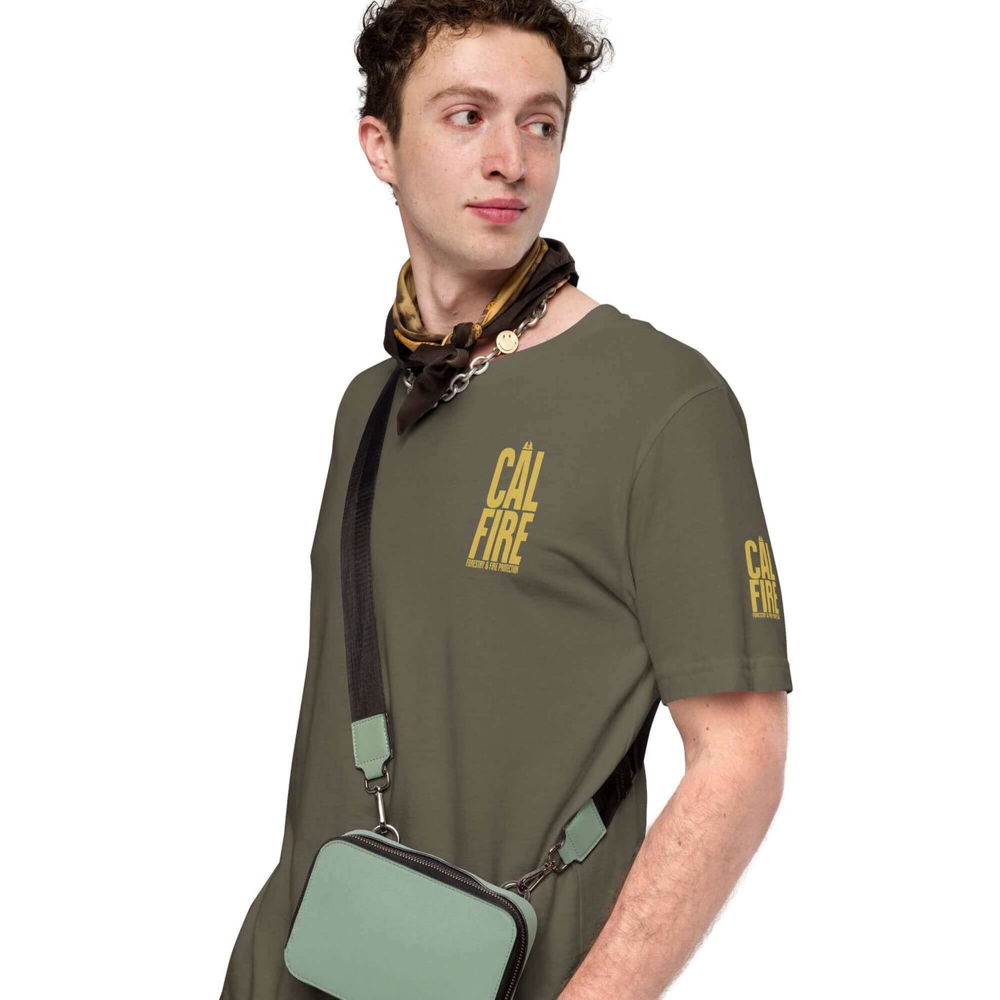 Unisex Cal Fire Forestry Firefighter T-Shirt honoring heroes, modeled with a stylish crossbody bag.