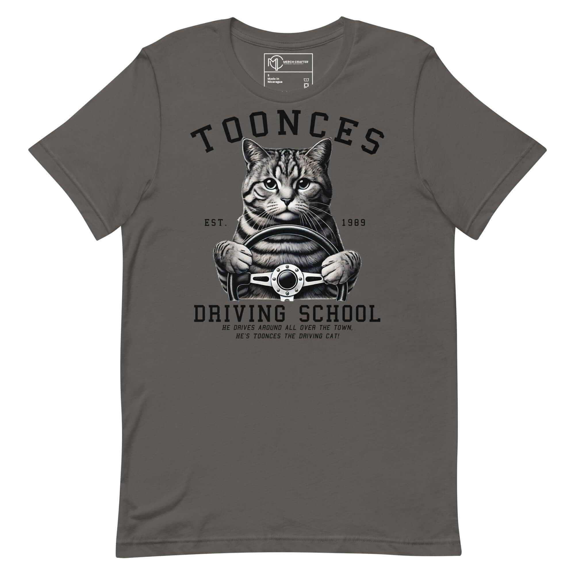 Toonces Driving School t-shirt featuring a detailed illustration of a cat driving, celebrating the iconic SNL sketch.