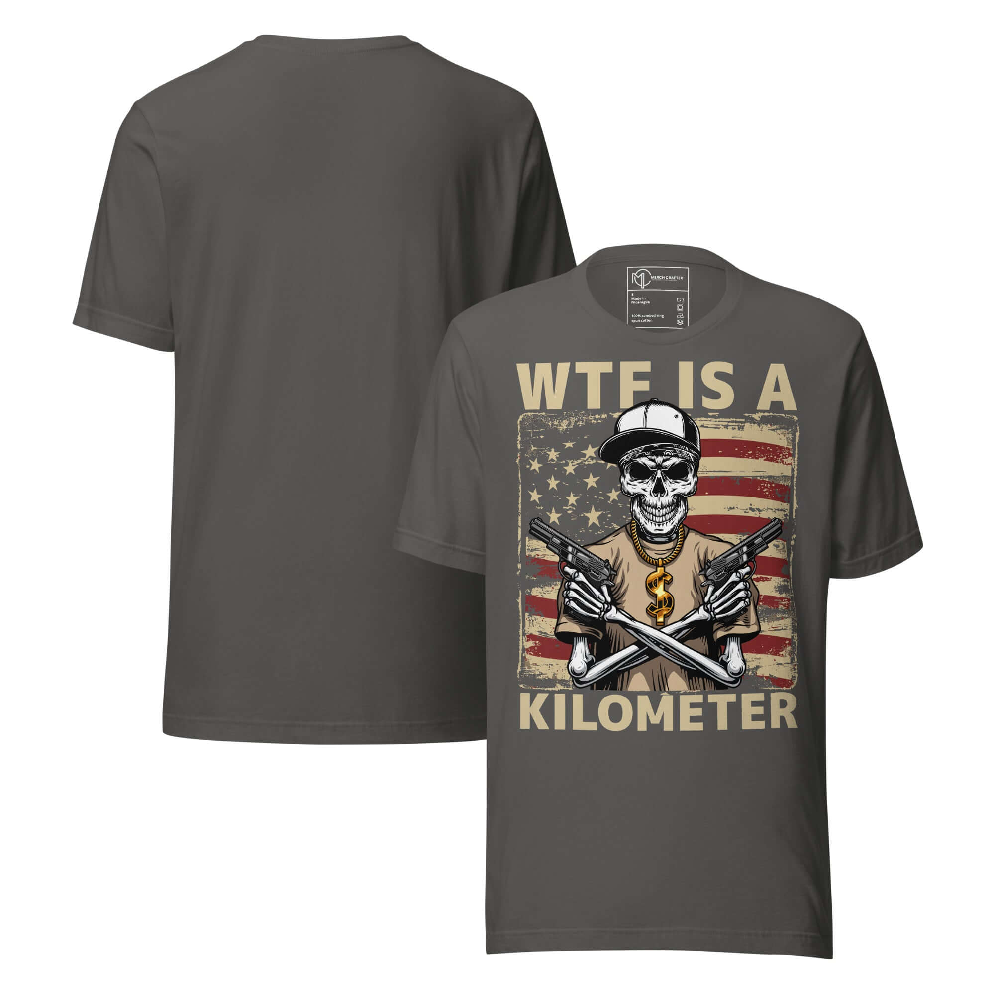 WTF Is a Kilometer Funny Patriotic Unisex T-Shirt with skeleton gangster graphic and American flag design.