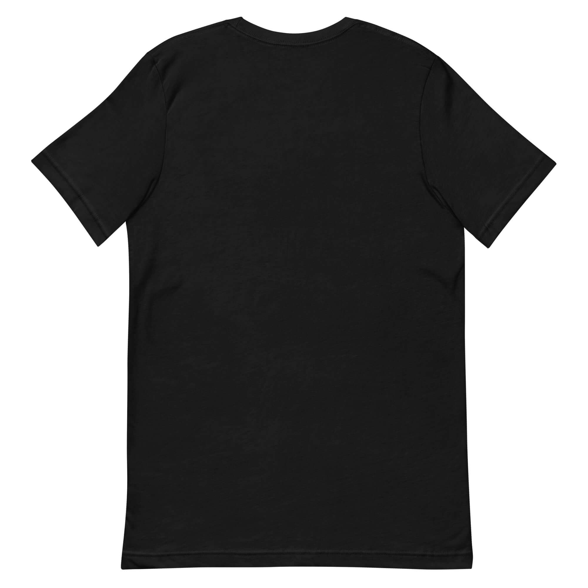 Back view of a black unisex t-shirt, perfect for casual wear and showcasing a witty design.