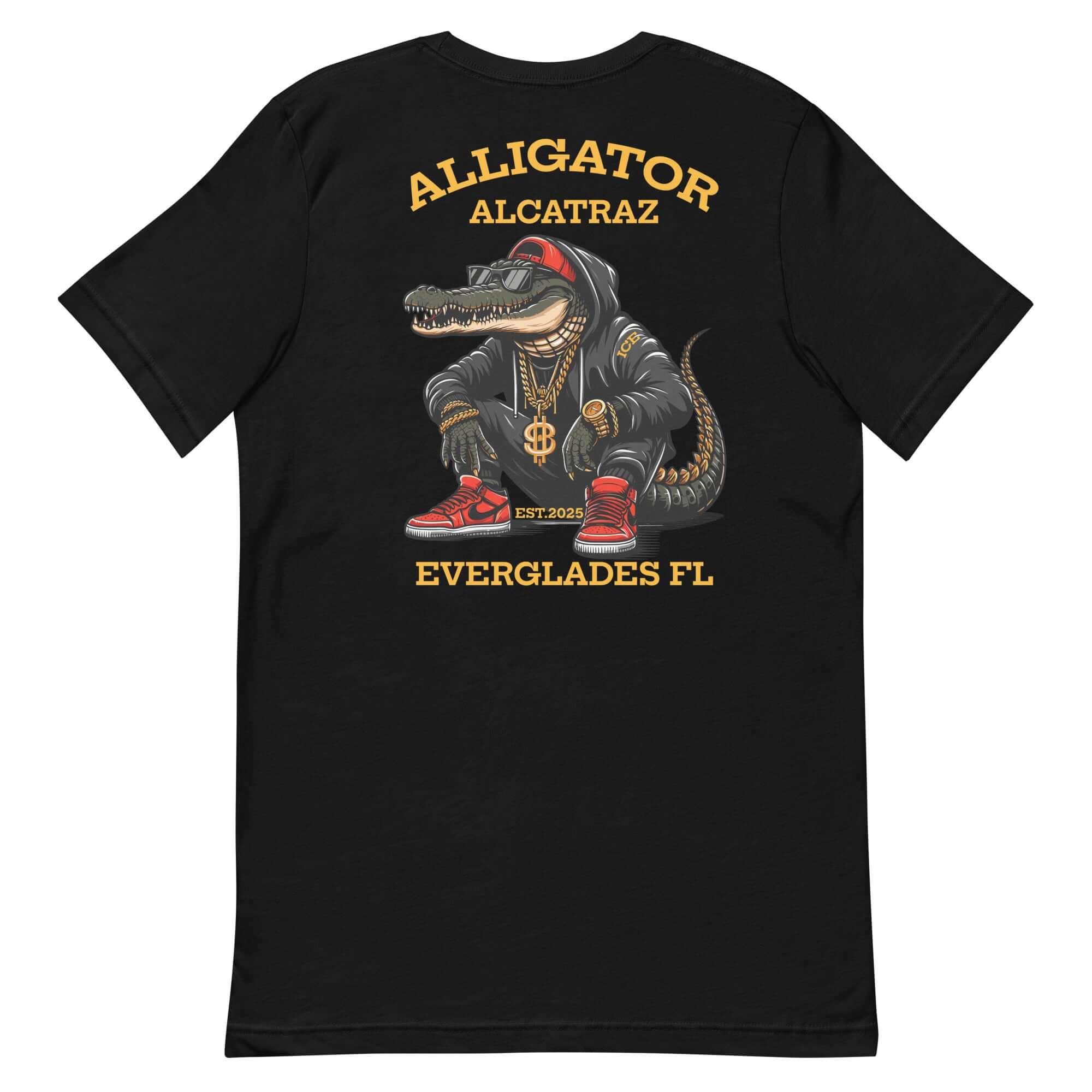 Alligator Alcatraz shirt featuring a gator in a hoodie with chains, red sneakers, and 'Everglades FL' text.
