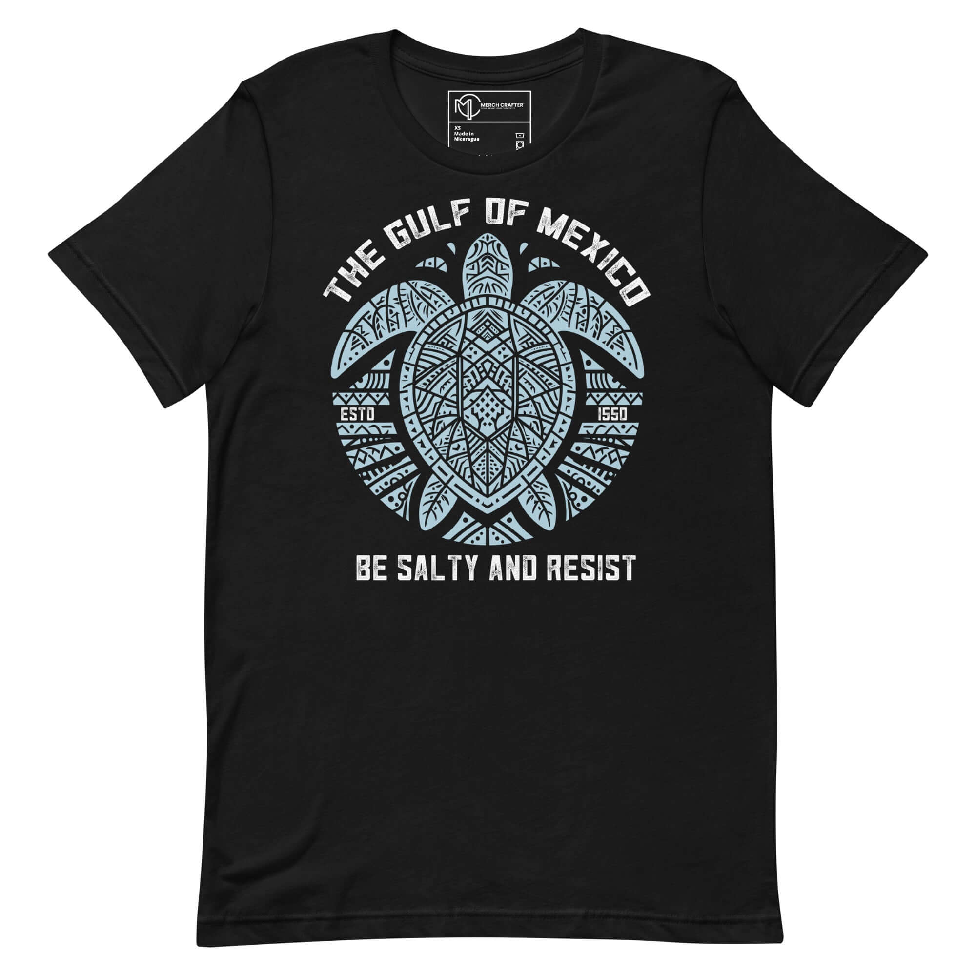 Gulf of Mexico Tribal Turtle t-shirt with 'Be Salty and Resist' message, celebrating marine conservation.
