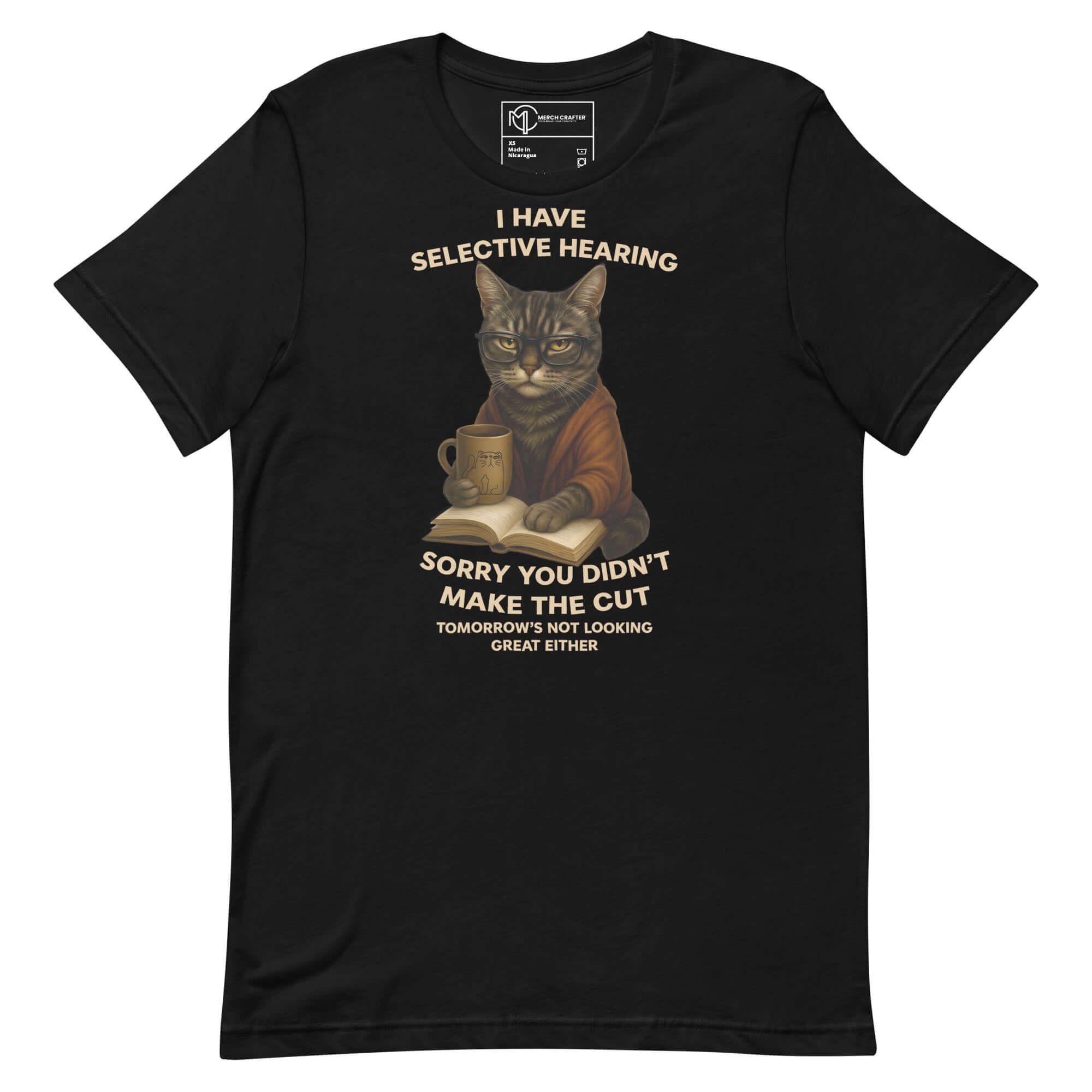 Unisex t-shirt featuring a moody cat with glasses and a quote about selective hearing in a vintage style.