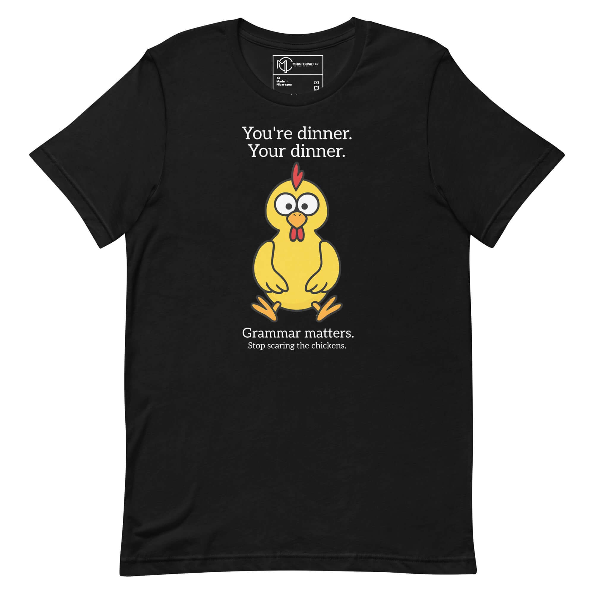 Funny chicken t-shirt featuring a cartoon chicken with grammar quote about 'You're' vs. 'Your'.