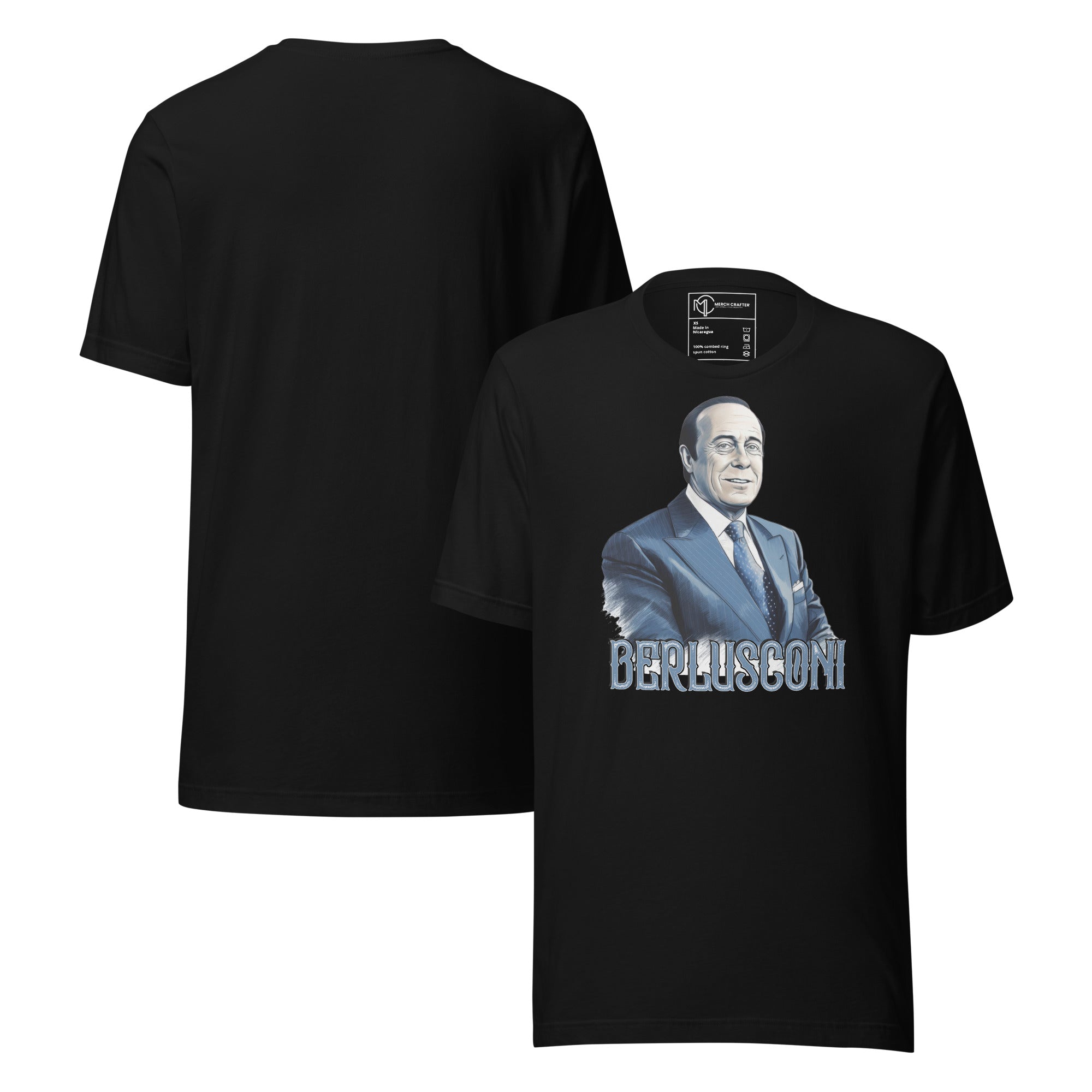 Berlusconi Retro Unisex T-Shirt featuring bold illustrated portrait of Silvio Berlusconi in vintage style.