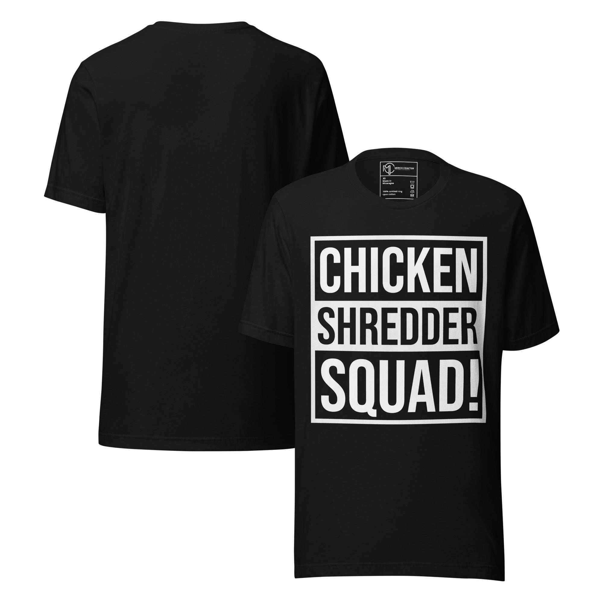 Chicken Shredder Squad Funny Retro Unisex T-Shirt featuring bold framed typography on a black shirt.